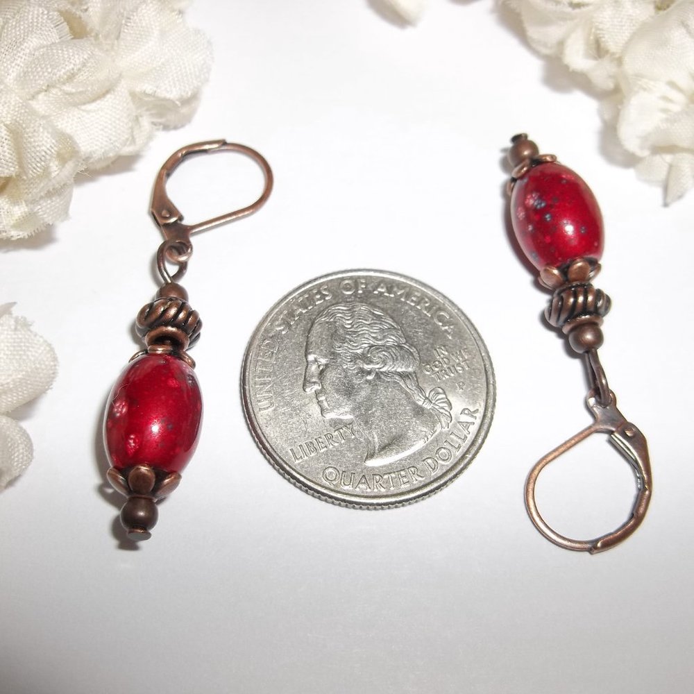 Small Red and Copper Dangle Earring Boho Style Unique Funky Dangly Set Pair 6931 - Picture 3 of 8